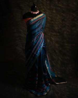 Pure Handloom Prussian Blue Silk Cotton Saree