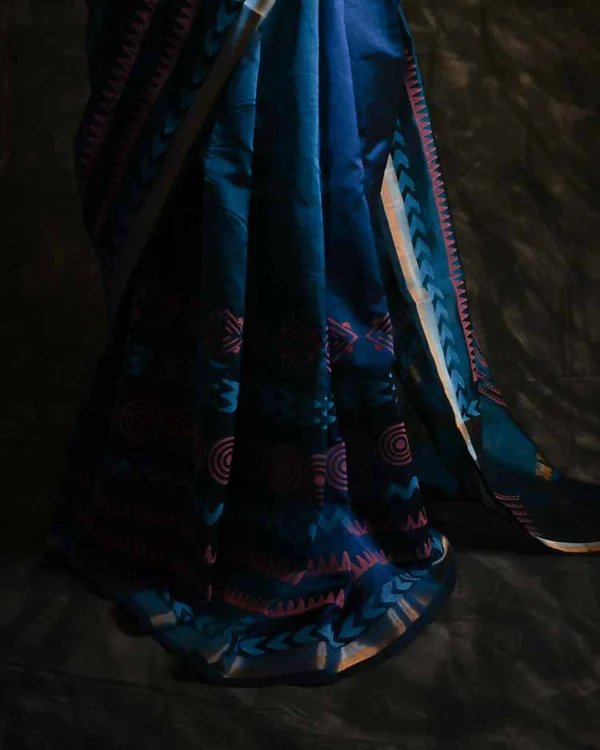 Pure Handloom Prussian Blue Silk Cotton Saree