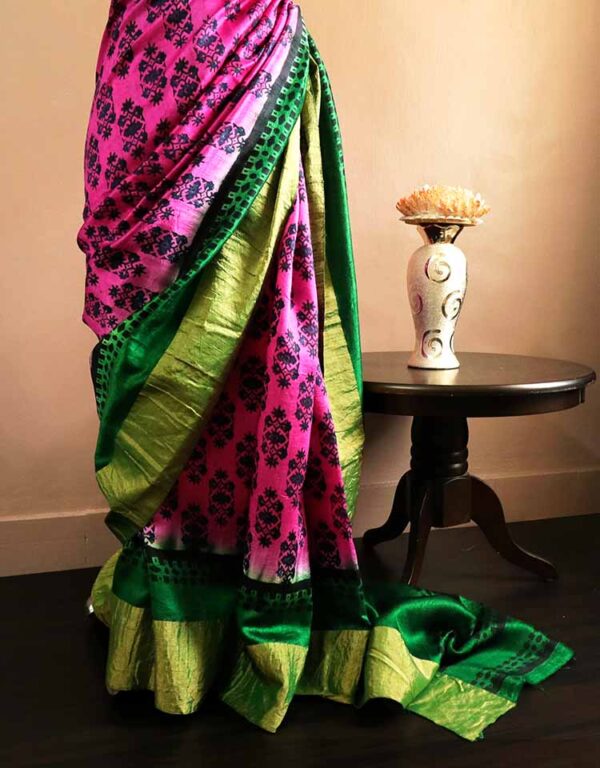 Pure Hand Block Printed Green and Pink Duppion Silk Sarees