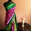 Pure Hand Block Printed Green and Pink Duppion Silk Sarees
