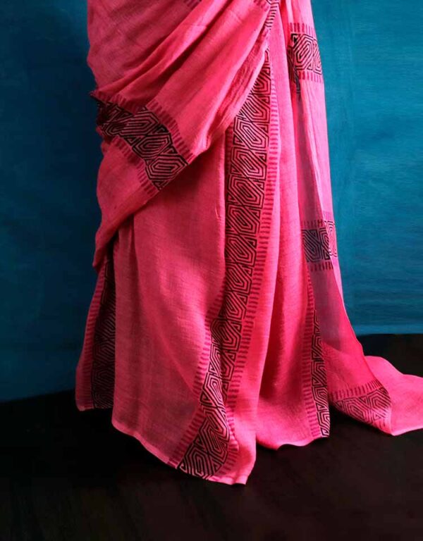 Hand Block Pigment Printed Pink Pure Linen Saree