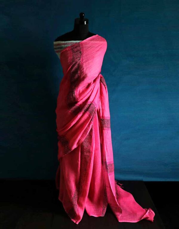 Hand Block Pigment Printed Pink Pure Linen Saree