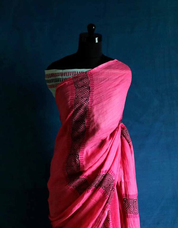Hand Block Pigment Printed Pink Pure Linen Saree