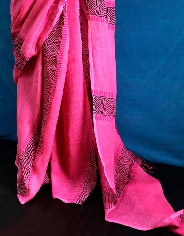 Hand Block Pigment Printed Pink Pure Linen Saree