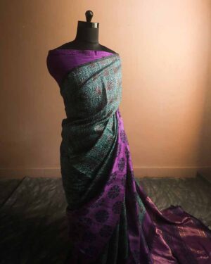 Pure Hand block Printed Purple Line Tussar Saree
