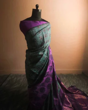 Pure Hand block Printed Purple Line Tussar Saree