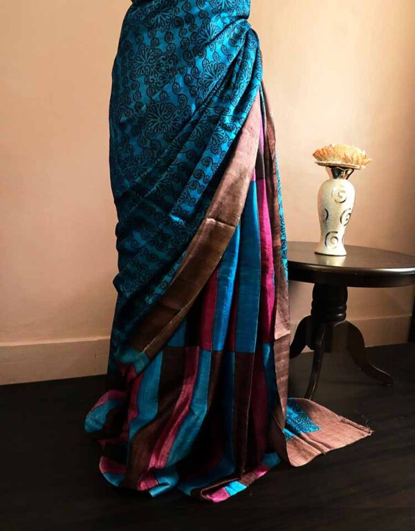 Pure Block Printed Desi Tussar Silk Saree