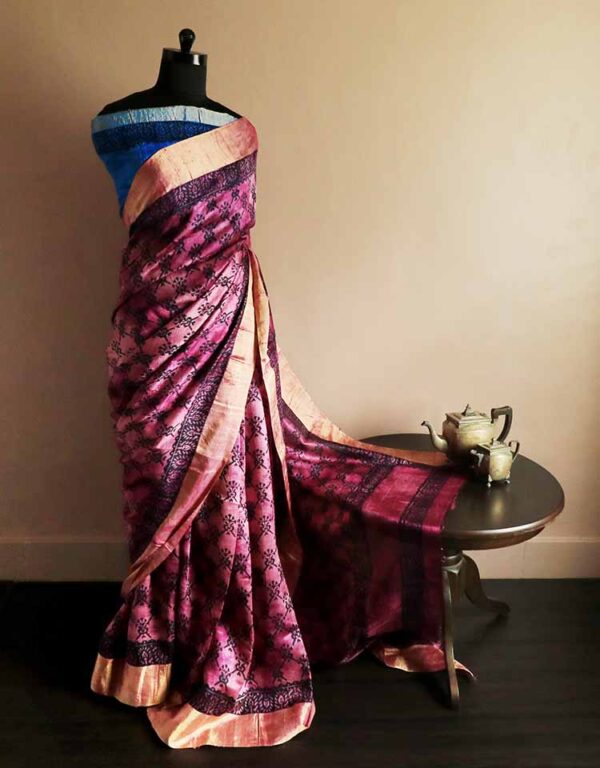 Pure Hand Block Printed Pink Duppion Silk Sarees
