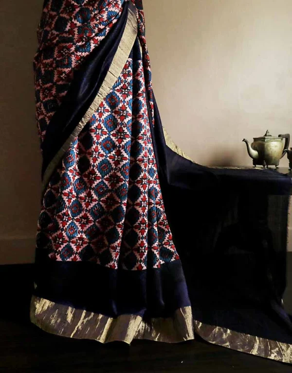 Pure Hand Block Printed Ravishing Pink Duppion Silk Saree