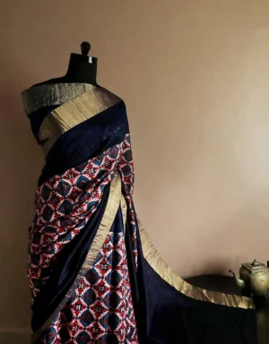 Pure Hand Block Printed Ravishing Pink Duppion Silk Saree