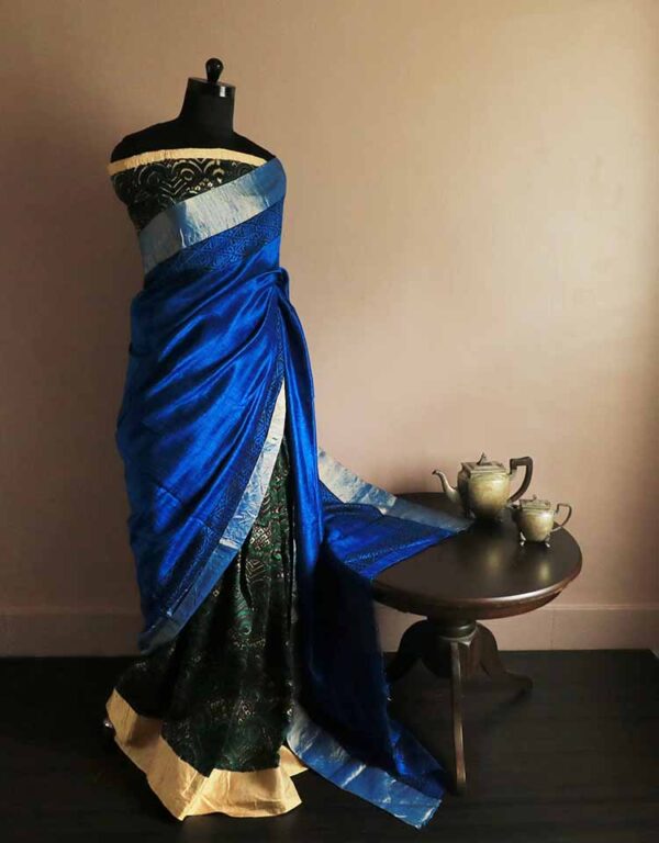 Pure Hand Block Printed Cobalt Blue Duppion Silk Saree