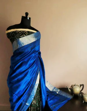 Pure Hand Block Printed Cobalt Blue Duppion Silk Saree
