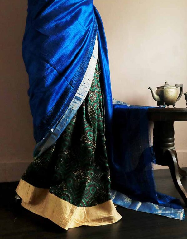 Pure Hand Block Printed Cobalt Blue Duppion Silk Saree