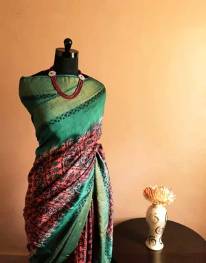 tyukju-3 Pure-Loomed Pink and Green Munga Silk Saree