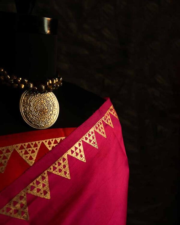 Pure Hand Block Printed double-shaded red Raw Silk Saree