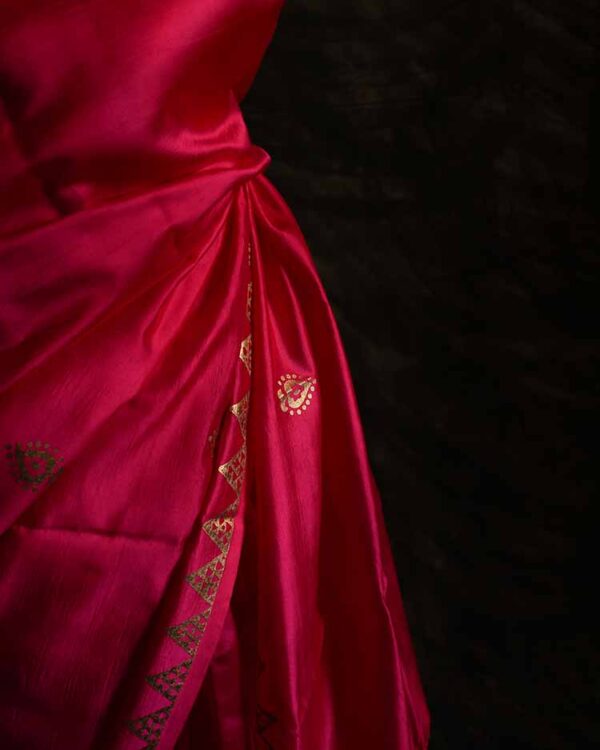 Pure Hand Block Printed double-shaded red Raw Silk Saree