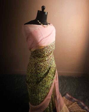 Peach and yellow colour Line Tussar Silk Saree