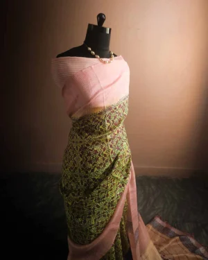 Peach and yellow colour Line Tussar Silk Saree
