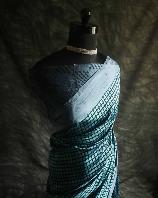Pure Hand Block Printed black and silver Raw Silk Saree