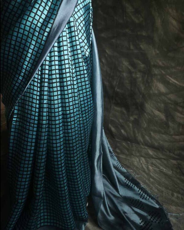 Pure Hand Block Printed black and silver Raw Silk Saree