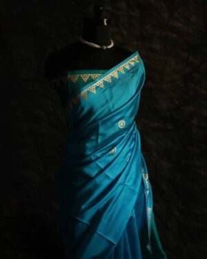 Pure Hand block Printed Blue and Green Raw Silk
