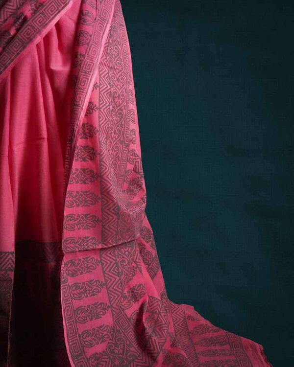 Pink Hand Block Printed Mul Cotton Saree