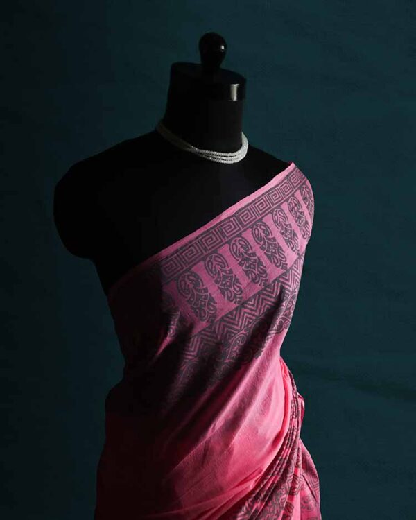 Pink Hand Block Printed Mul Cotton Saree