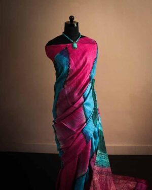 Blue and Magentha color Line Tussar Silk Saree
