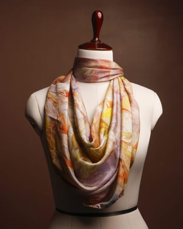 Hand-Painted Abstract Mulberry Silk Scarf – Luxury Peach & Lavender Silk