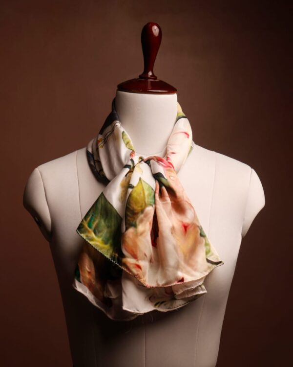 Elegant Floral Satin Silk Scarf – Bold Botanical Print Evening Shawl
