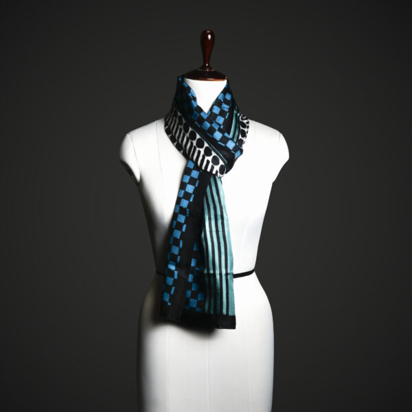 Teal & Black Geometric Silk Scarf – Modern Graphic Print Luxury Stole