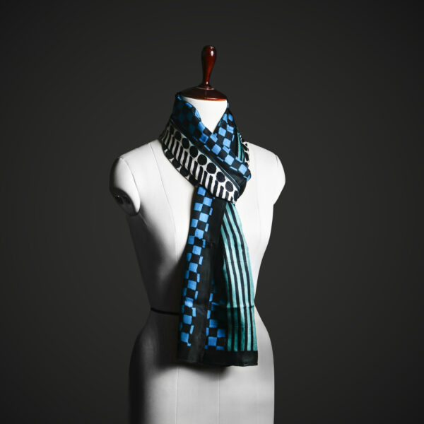 Teal & Black Geometric Silk Scarf – Modern Graphic Print Luxury Stole