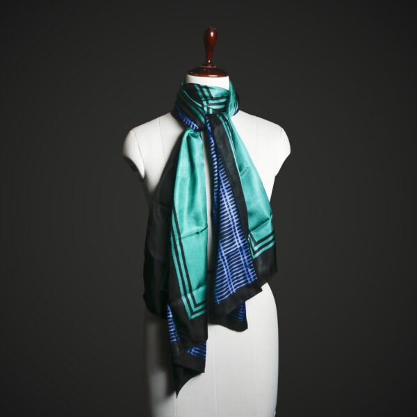Teal & Royal Blue Geometric Silk Stole – Modern Graphic Pattern Luxury Scarf