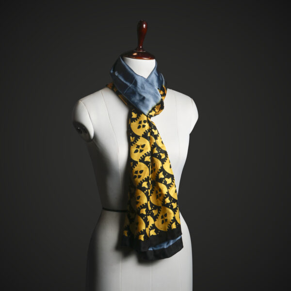 Steampunk Gear Print Silk Scarf for Women – Luxury Blue & Gold Industrial Motif Stole