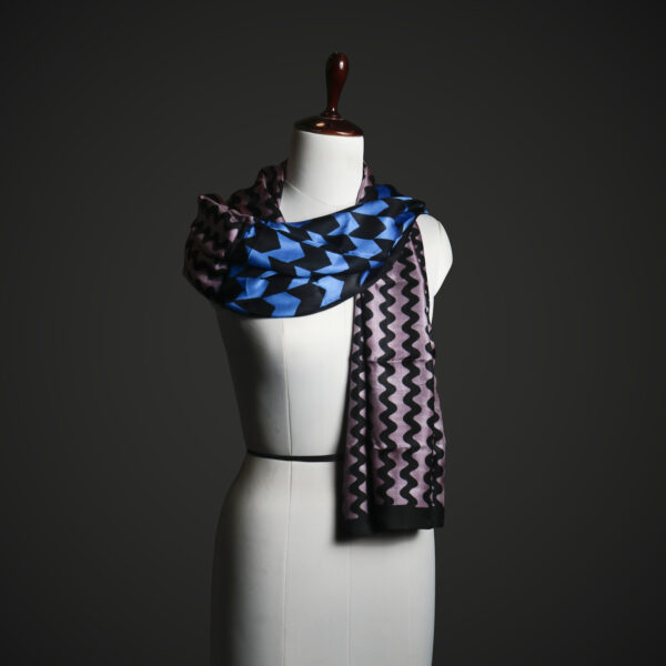 Geometric Chevron & Wave Silk Scarf – Bold Blue & Mauve Luxury Graphic Stole