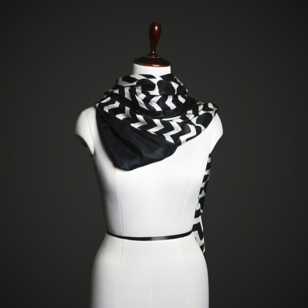 Black & White Chevron Silk Scarf for Women – Luxury Geometric Winter Stole